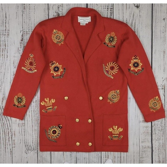 Vtg Crest All Over Embroidered Blazer Jacket Double Breast Grandma Cardigan Sz S - Picture 1 of 6